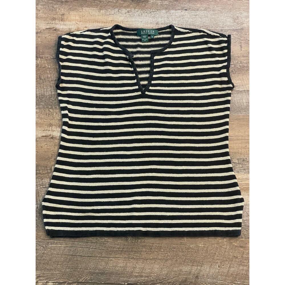 Ralph Lauren  black and tan striped knit sleeveless top 100% Linen Med.